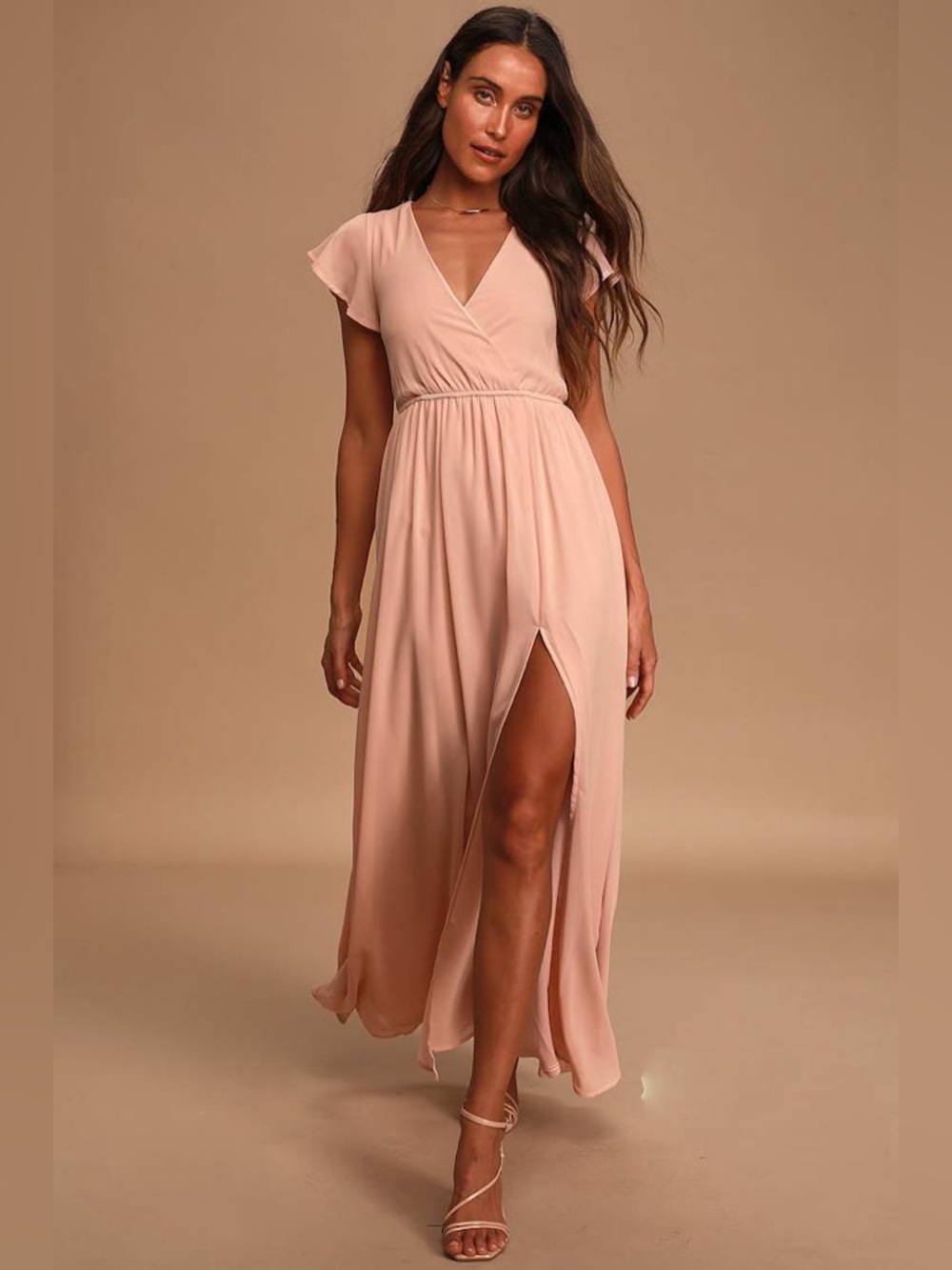 NWT Lulus Blush Pink Maxi Dress Slit V-Neck Flutter Sleeve Wedding Guest